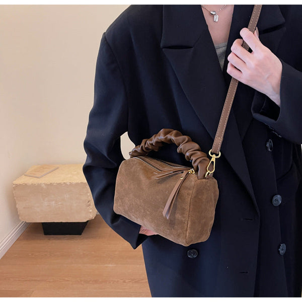 Brown Chic Ruched Handle Crossbody Bag Womens Faux Suede Top Handle Handbag With Detachable Strap Women's Bags & Handbags