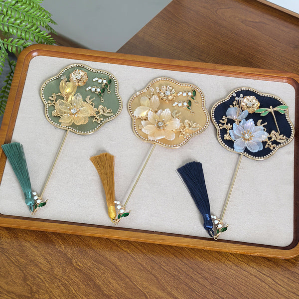 Yellow Exquisite Chinese Palace Style Mini Fan Handheld Decorative Prop With Tassel For Photoshoots Portable Fans