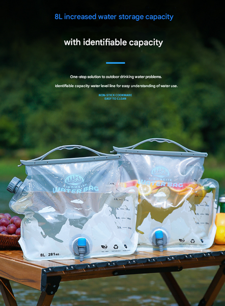 2 Pcs Grey 8L Foldable Water Bag Large Capacity Portable Carrier With Spigot For Camping & Outdoors Other Camping Cooking Supplies