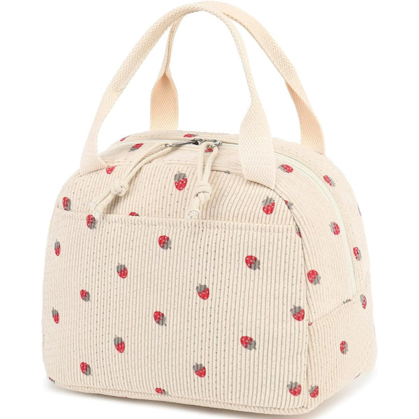 Beige Strawberry Pattern Corduroy Lunch Bag Insulated Thermal Cooler Tote For School Work And Picnics Lunchboxes