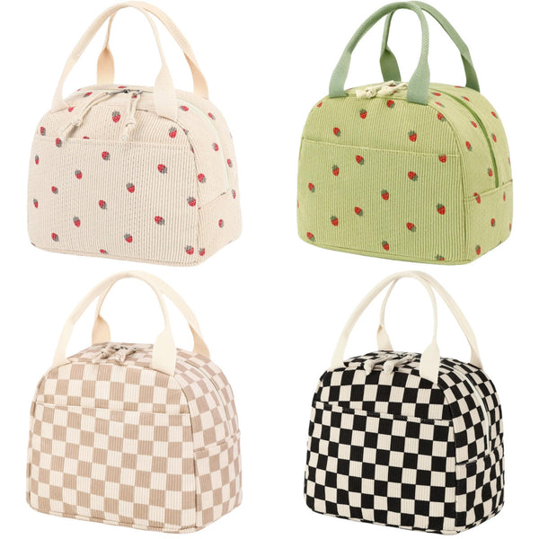 Beige Strawberry Pattern Corduroy Lunch Bag Insulated Thermal Cooler Tote For School Work And Picnics Lunchboxes