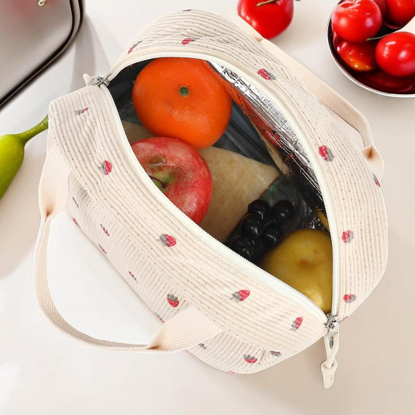 Beige Strawberry Pattern Corduroy Lunch Bag Insulated Thermal Cooler Tote For School Work And Picnics Lunchboxes