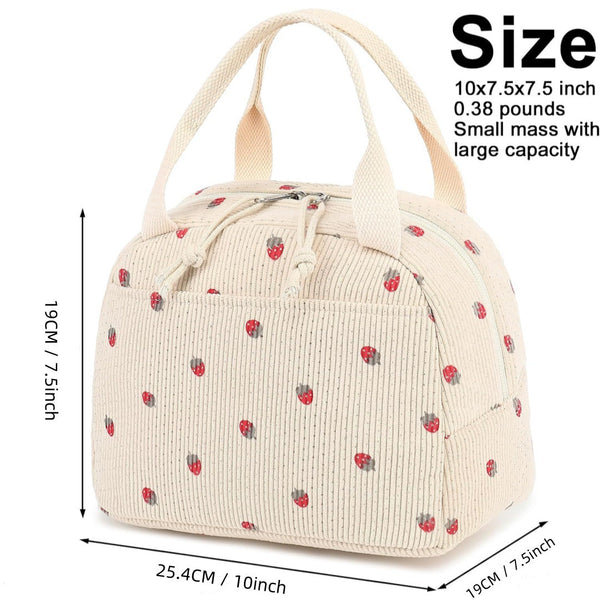 Beige Strawberry Pattern Corduroy Lunch Bag Insulated Thermal Cooler Tote For School Work And Picnics Lunchboxes