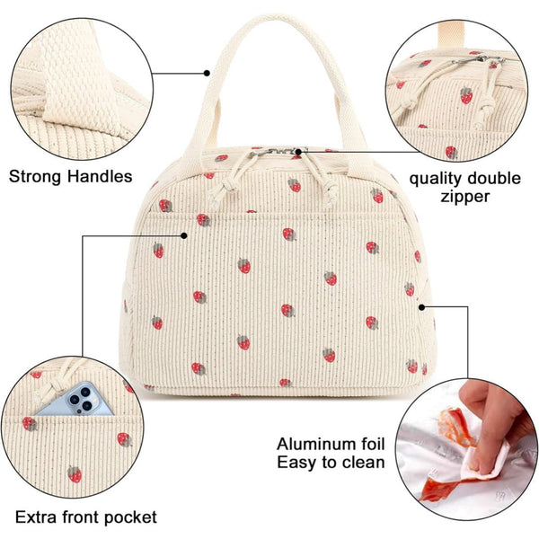 Beige Strawberry Pattern Corduroy Lunch Bag Insulated Thermal Cooler Tote For School Work And Picnics Lunchboxes