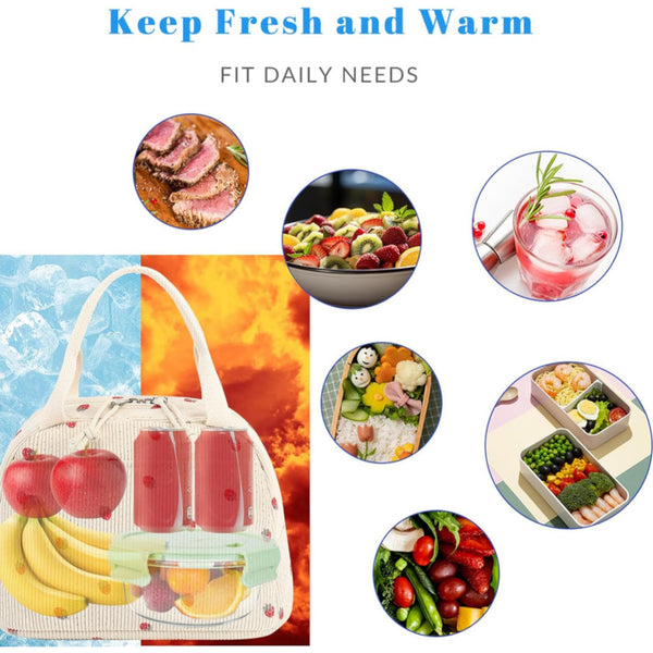 Beige Strawberry Pattern Corduroy Lunch Bag Insulated Thermal Cooler Tote For School Work And Picnics Lunchboxes