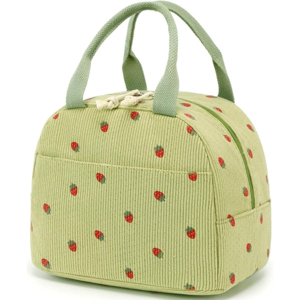 Green Strawberry Pattern Corduroy Lunch Bag Insulated Thermal Cooler Tote For School Work And Picnics Lunchboxes