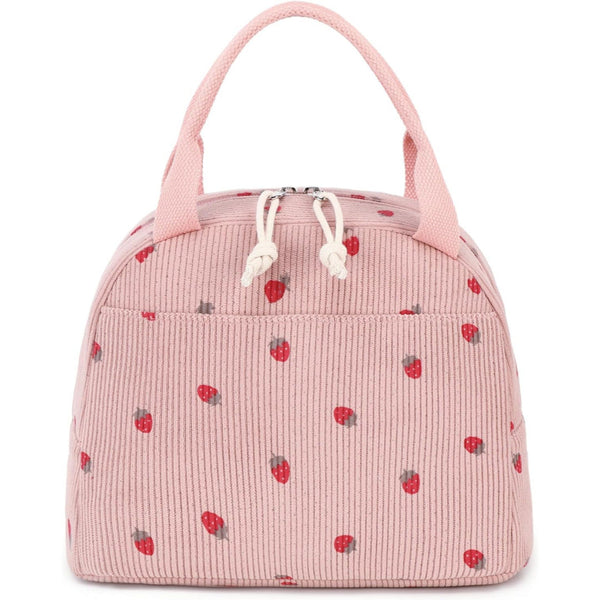 Pink Strawberry Pattern Corduroy Lunch Bag Insulated Thermal Cooler Tote For School Work And Picnics Lunchboxes