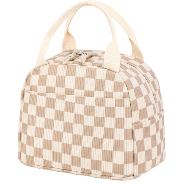 Beige Checkered Pattern Corduroy Lunch Bag Insulated Thermal Cooler Tote For School Work And Picnics Lunchboxes