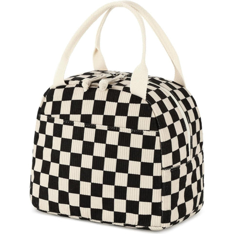Black And White Checkered Pattern Corduroy Lunch Bag Insulated Thermal Cooler Tote For School Work Picnics Lunchboxes