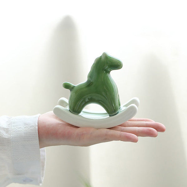 Green Modern Ceramic Rocking Horse Ornament Cute Porcelain Figurine For Desk & Shelf Decor Figurines
