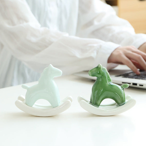 Green Modern Ceramic Rocking Horse Ornament Cute Porcelain Figurine For Desk & Shelf Decor Figurines