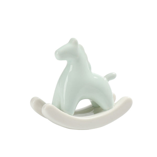 Light Green Modern Ceramic Rocking Horse Ornament Cute Porcelain Figurine For Desk & Shelf Decor Figurines