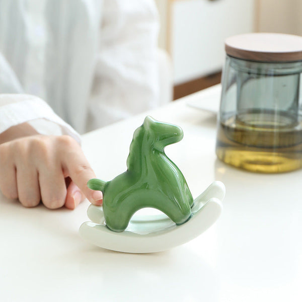 Light Green Modern Ceramic Rocking Horse Ornament Cute Porcelain Figurine For Desk & Shelf Decor Figurines