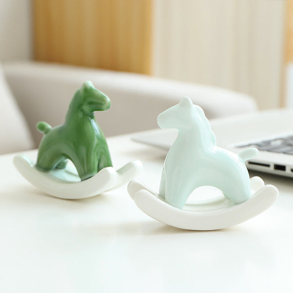 Light Green Modern Ceramic Rocking Horse Ornament Cute Porcelain Figurine For Desk & Shelf Decor Figurines