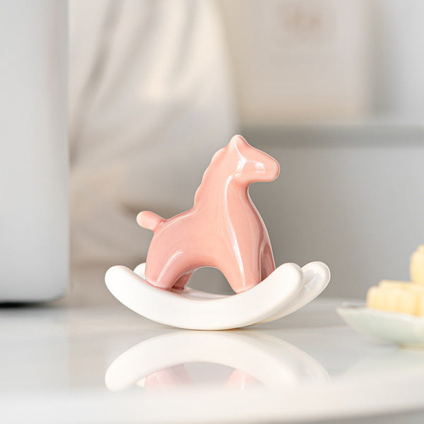 Pink Modern Ceramic Rocking Horse Ornament Cute Porcelain Figurine For Desk & Shelf Decor Figurines