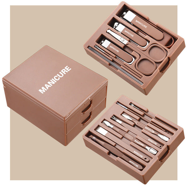 Brown Premium 13 In 1 Manicure & Grooming Kit Professional Carbon Steel Pedicure Set With Dual Drawer Case Mirror Manicure & Pedicure Tools & Kits