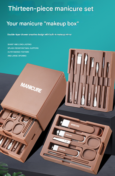 Brown Premium 13 In 1 Manicure & Grooming Kit Professional Carbon Steel Pedicure Set With Dual Drawer Case Mirror Manicure & Pedicure Tools & Kits