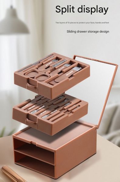 Brown Premium 13 In 1 Manicure & Grooming Kit Professional Carbon Steel Pedicure Set With Dual Drawer Case Mirror Manicure & Pedicure Tools & Kits