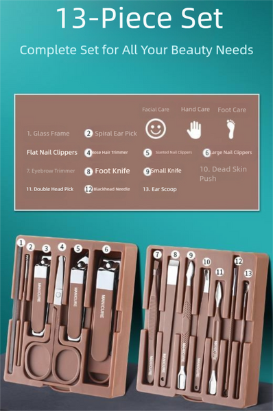 Brown Premium 13 In 1 Manicure & Grooming Kit Professional Carbon Steel Pedicure Set With Dual Drawer Case Mirror Manicure & Pedicure Tools & Kits