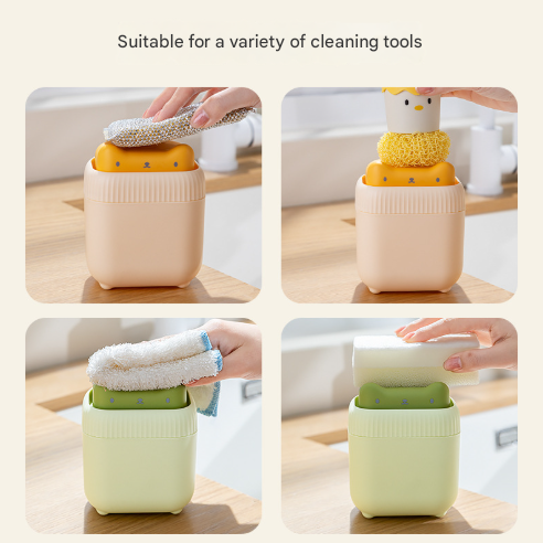2 Pcs Green Cute Cat Press To Dispense Soap Pump & Sponge Caddy For Kitchen Sink Soap Dishes & Dispensers