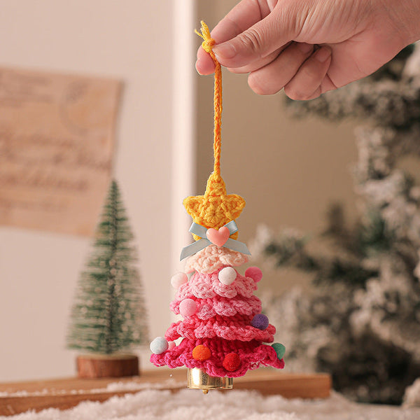 2 Pcs Style A Yellow And Pink Handmade Crochet Christmas Tree Ornament Festive Hanging Decoration With Jingle Bell Seasonal Decorations