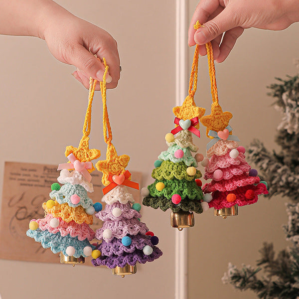 2 Pcs Style A Yellow And Pink Handmade Crochet Christmas Tree Ornament Festive Hanging Decoration With Jingle Bell Seasonal Decorations