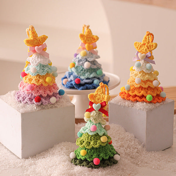 2 Pcs Style A Yellow And Pink Handmade Crochet Christmas Tree Ornament Festive Hanging Decoration With Jingle Bell Seasonal Decorations