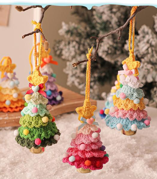 2 Pcs Style C Yellow And Green Handmade Crochet Christmas Tree Ornament Festive Hanging Decoration With Jingle Bell Seasonal Decorations