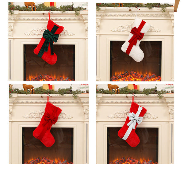 2 Pcs Red Stitching White Bow Luxurious Velvet Christmas Stocking With Elegant Large 45Cm Holiday Mantel Decoration Seasonal Decorations