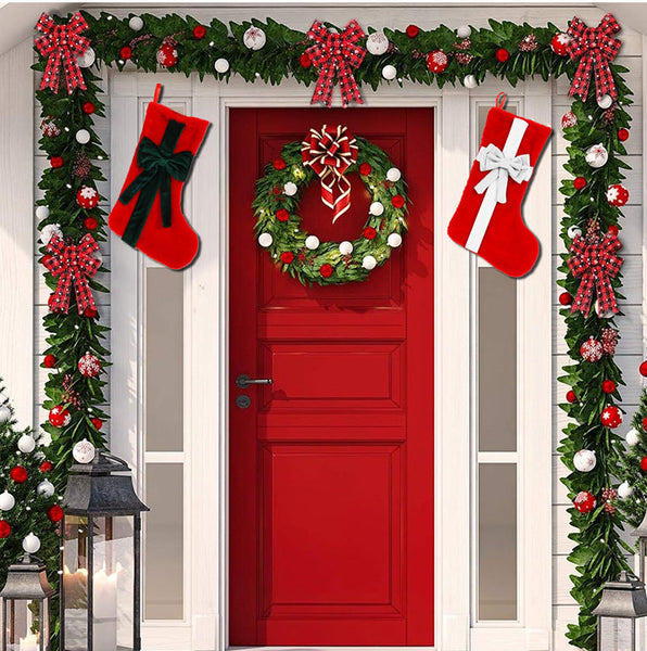 2 Pcs Red Stitching White Bow Luxurious Velvet Christmas Stocking With Elegant Large 45Cm Holiday Mantel Decoration Seasonal Decorations
