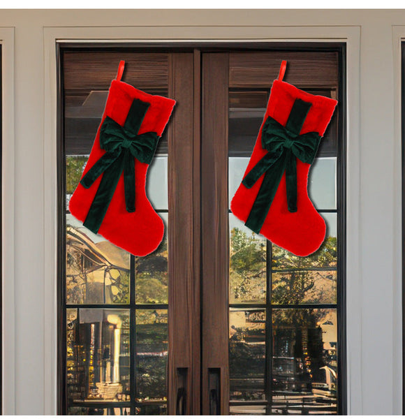 2 Pcs Red Stitching Green Bow Luxurious Velvet Christmas Stocking With Elegant Large 45Cm Holiday Mantel Decoration Seasonal Decorations