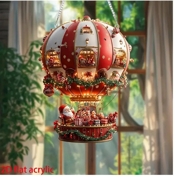 Red Whimsical Santa Hot Air Balloon Ornament 2D Flat Acrylic Hanging Decoration Seasonal Decorations