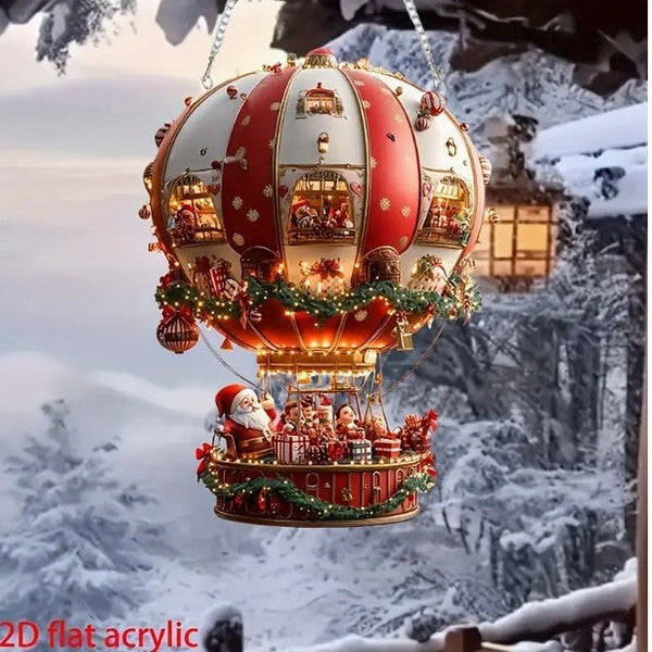 Red Whimsical Santa Hot Air Balloon Ornament 2D Flat Acrylic Hanging Decoration Seasonal Decorations