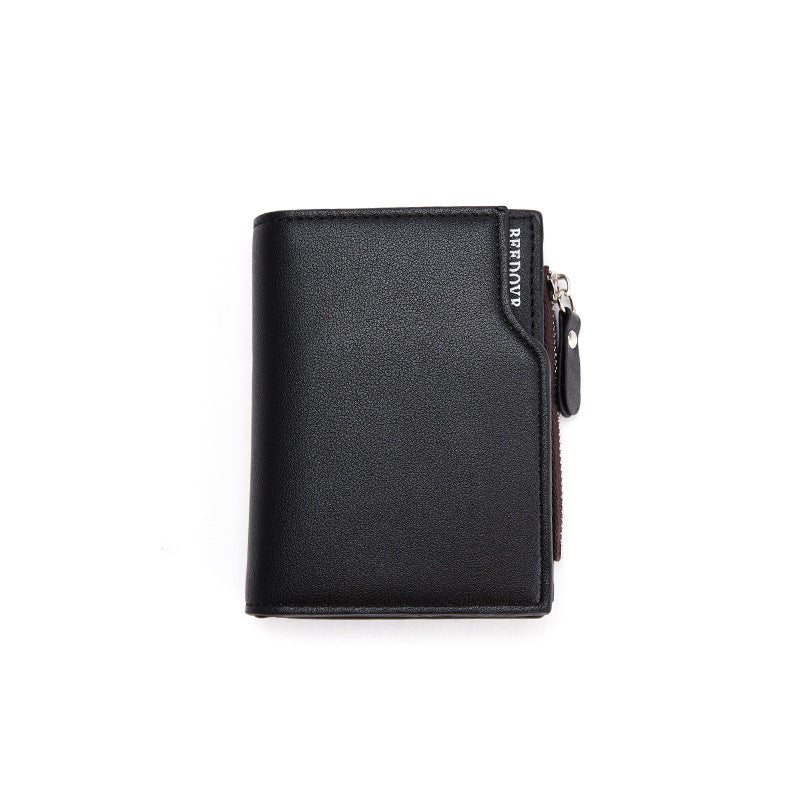 Black Men's Slim Vertical Bifold Wallet Pu Leather Card Holder With Zipper Coin Pocket And Id Window Wallets
