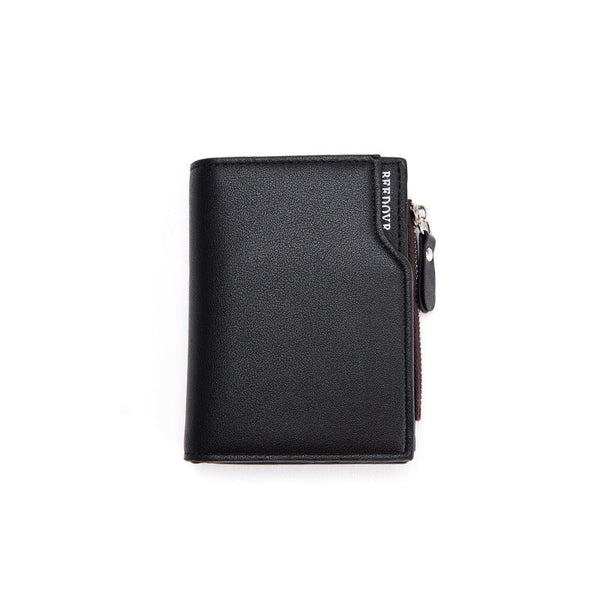 Black Men's Slim Vertical Bifold Wallet Pu Leather Card Holder With Zipper Coin Pocket And Id Window Wallets