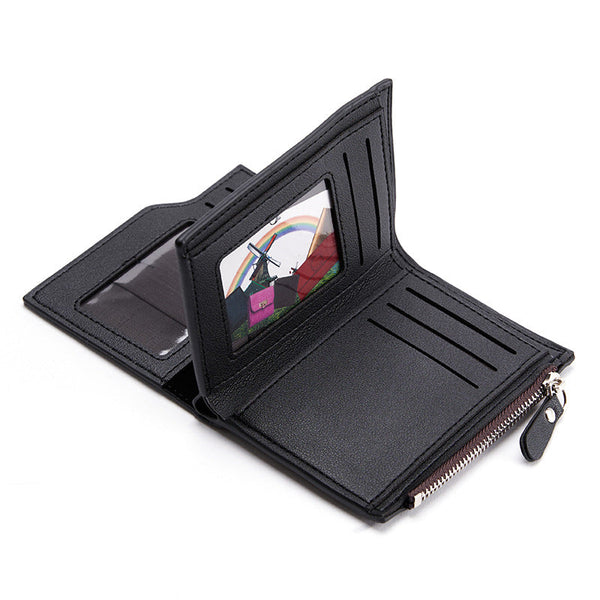 Black Men's Slim Vertical Bifold Wallet Pu Leather Card Holder With Zipper Coin Pocket And Id Window Wallets