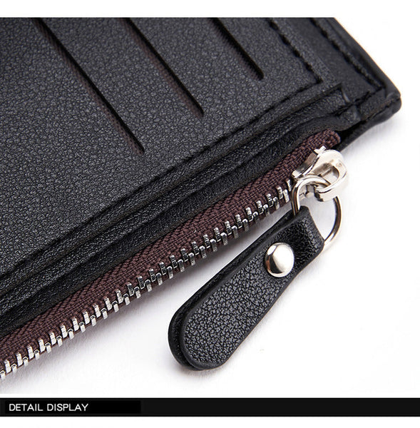 Black Men's Slim Vertical Bifold Wallet Pu Leather Card Holder With Zipper Coin Pocket And Id Window Wallets