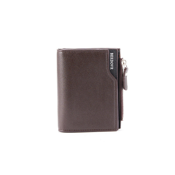Brown Men's Slim Vertical Bifold Wallet Pu Leather Card Holder With Zipper Coin Pocket And Id Window Wallets