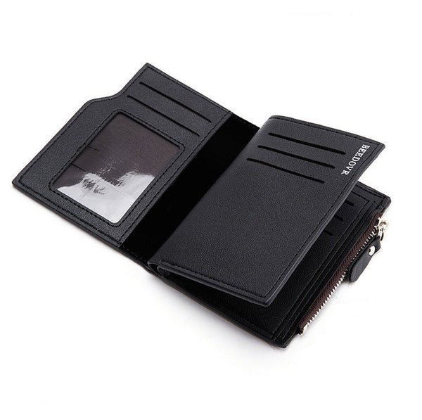Brown Men's Slim Vertical Bifold Wallet Pu Leather Card Holder With Zipper Coin Pocket And Id Window Wallets