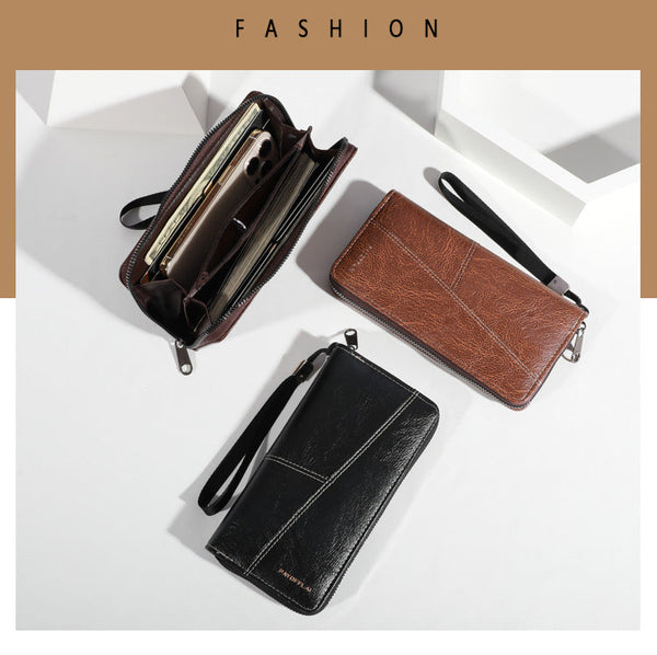 Brown Men's Long Zipper Wallet Clutch Pu Leather Wristlet With Phone And Card Slots Wallets