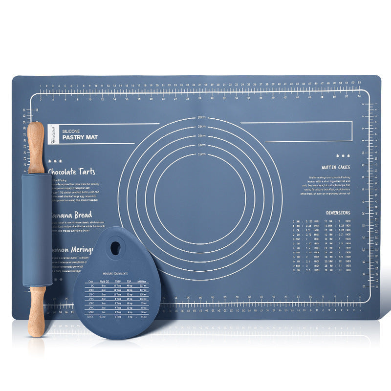 Dark Blue 3 Piece Silicone Baking Set Non Stick Pastry Mat With Measurements Rolling Pin & Dough Scraper Door Stops