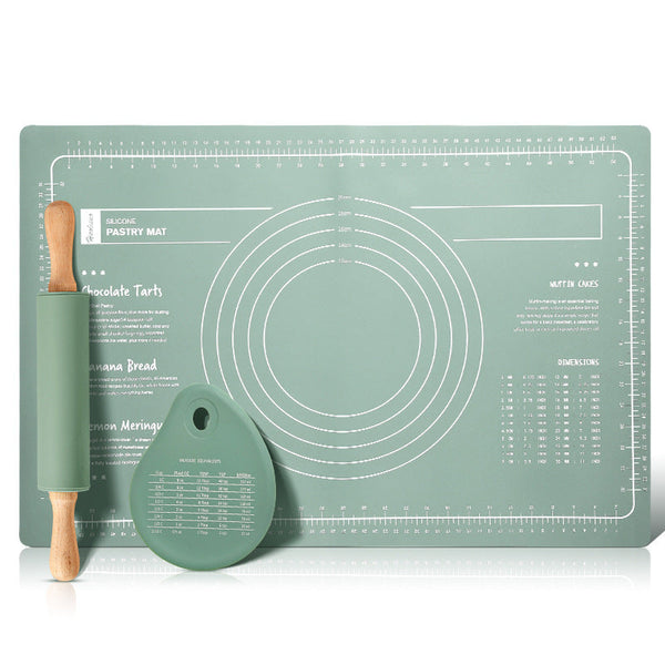 Green 3 Piece Silicone Baking Set Non Stick Pastry Mat With Measurements Rolling Pin & Dough Scraper Other Baking Accessories