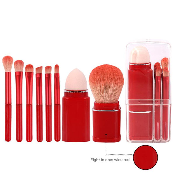 Wine Red Compact 8 In 1 Makeup Brush Set Portable Travel Kit With Retractable And Case Brushes