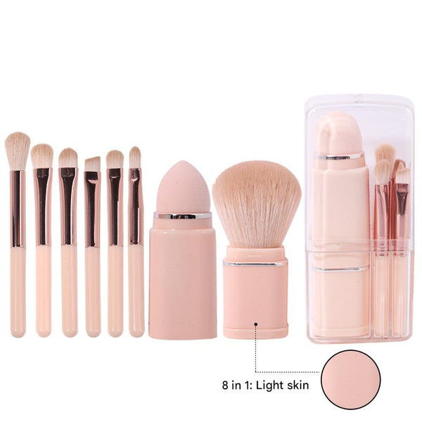 Light Pink Compact 8 In 1 Makeup Brush Set Portable Travel Kit With Retractable And Case Brushes