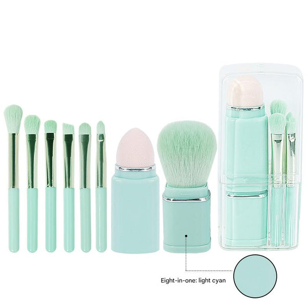 Light Cyan Compact 8 In 1 Makeup Brush Set Portable Travel Kit With Retractable And Case Brushes