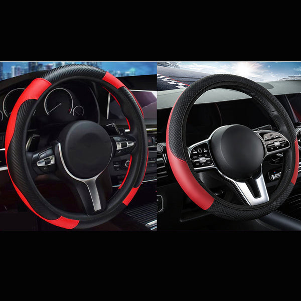 2 Pack (Type A + B) Red And Black Sporty Carbon Fiber Leather Steering Wheel Cover Universal 38Cm Easy Fit Elastic Grip Steering Wheel Covers
