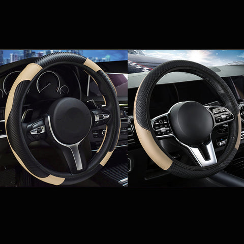 2 Pack (Type A + B) Beige And Black Sporty Carbon Fiber Leather Steering Wheel Cover Universal 38Cm Easy Fit Elastic Grip Steering Wheel Covers