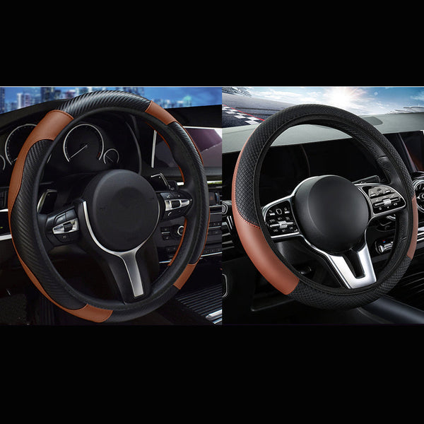 2 Pack (Type A + B) Brown And Black Sporty Carbon Fiber Leather Steering Wheel Cover Universal 38Cm Easy Fit Elastic Grip Steering Wheel Covers