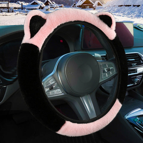 Pink Stitching Black Plush Cat Ear Steering Wheel Cover Cute Fuzzy Winter Grip Universal 38Cm Fit Steering Wheel Covers