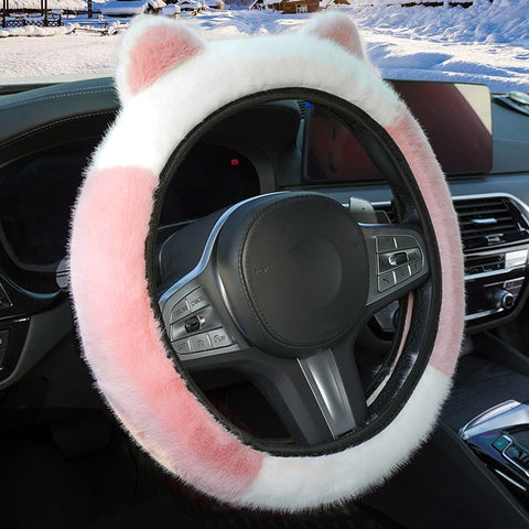 Pink Stitching White Plush Cat Ear Steering Wheel Cover Cute Fuzzy Winter Grip Universal 38Cm Fit Steering Wheel Covers